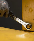 Ratcheting Box Wrench Set SAE One Quarter Inch To Three Fourth Inch Five Piece Kit with Ten Sizes in use on a bolt