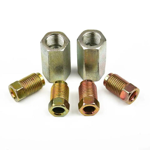 Heavy Duty Brake Line Fittings Kit Two-Way Female Connectors With Four M10 X 1 Nuts For 3/16 Inch Brake Line, Steel Union Adapters