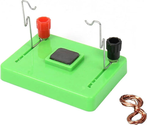 Green base of Electric Motor Model and Electromagnetic Swing Kit for Classroom Learning with metal connectors and copper coil.