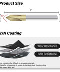 Side view of a 1/4 in shank carbide chamfer end mill, 60°, 4-flute, 2 in length, gold-coated cutting edge