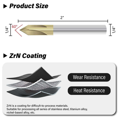 Side view of a 1/4 in shank carbide chamfer end mill, 60°, 4-flute, 2 in length, gold-coated cutting edge