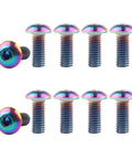 10 Pack M5x12mm Button Head Bike Screws Stainless Steel Allen Bolts in rainbow finish for water bottle cage installation.