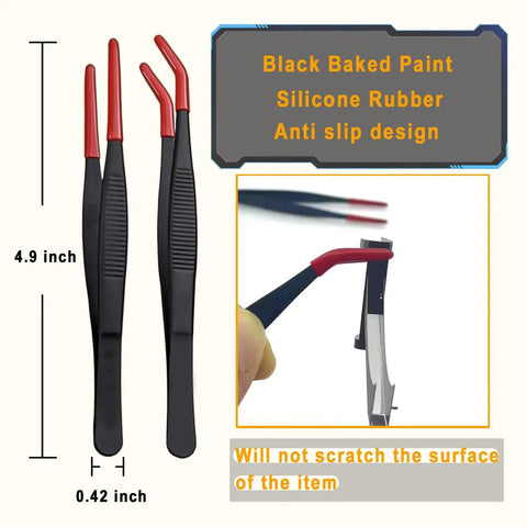 Anti-slip rubber tweezers for 3D Metal Puzzle Tool Kit For Adults, stainless steel tools, detail view with measurements.