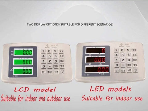 Comparative view of LCD and LED display options for Heavy Duty Digital Platform Scale Built Tough Portable Electronic Weight Scale.