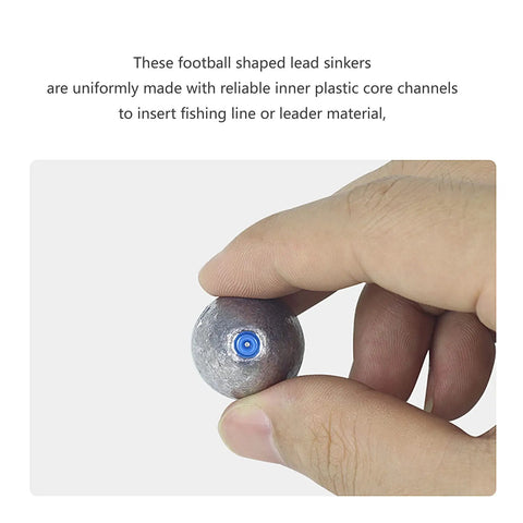 Hand holding olive lead egg sinker with blue plastic core channel visible for easy line insertion
