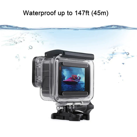 Waterproof Housing Case With Four Dive Filters For Hero 7 6 5 Black And Hero 2018 showing waterproof depth rating