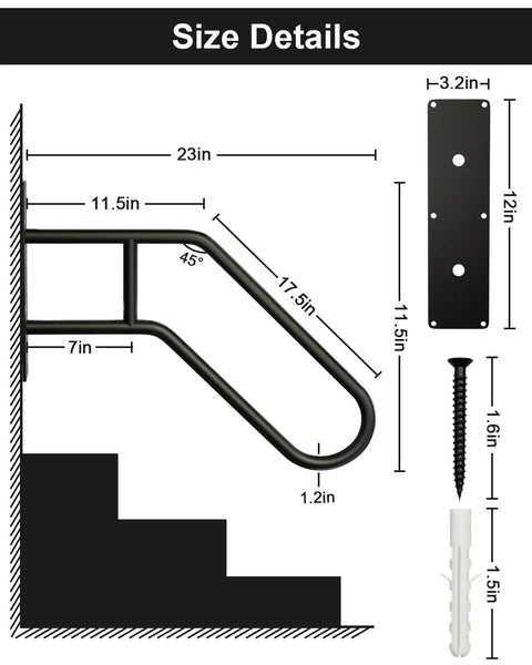 Rock Solid 304 Stainless Steel Handrail For Indoor Outdoor Steps With Slick U Shape Grip Heavy Duty Stair Railing Supporting Up To 500 Lbs size dimensions layout.