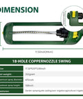 Heavy Duty Oscillating Lawn Sprinkler With 18 Brass Nozzles Delivers Up To 3,600 Sq Ft Coverage, Adjustable Spray Angles, Built In Jet Cleaning Needle, And Weighted Base For Stable, Hassle Free Yard Watering, A Real Game Changer. Sprinkler dimensions shown with measurements and features list.