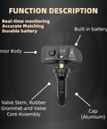 Preprogrammed TPMS Tire Pressure Monitoring System Sensors 433 Mhz 4 Pack with sensor body, valve stem, and aluminum cap.