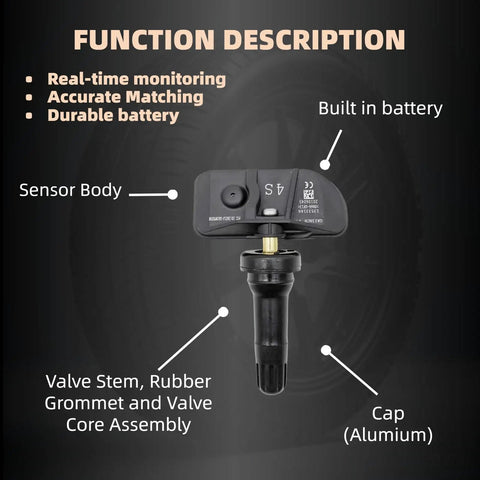Preprogrammed TPMS Tire Pressure Monitoring System Sensors 433 Mhz 4 Pack with sensor body, valve stem, and aluminum cap.