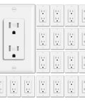 20 Pack 15 Amp Tamper Resistant Decor Receptacles For Home And Business, Standard Wall Outlet With UL Listed Safety, 125V 1875W White, Wall Plate Included, No Brainer Setup For Residential And Commercial Use shown in packaging