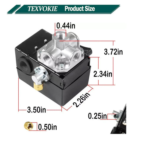 Pressure Switch With Unloader And Four Port On Off Lever 135 To 175 PSI For Five HP Reciprocating Air Compressors 2340 2475 2545 7100 Replacement Part Built Tough For Heavy Duty Use Premium Replacement Part Fits 2340 2475 2545 And 7100 Models shown with dimensions