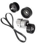 Get Your Engine Running Smooth With This Premium Serpentine Belt Kit Including Pulley Tensioner Idler For Kia 2.0 And 2.4 Models To Stop Slippage And Boost Peak Performance Today. Serpentine belt kit with tensioner, idler pulleys, and belt on white background