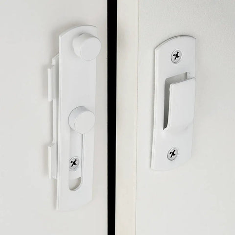 Tough As Nails 2 Pack White Stainless Steel Barn Door Latch With Heavy Duty Bi Fold Door Lock Hardware For Rust Resistant Farmhouse Gate Sliding Doors close up of latches on white doors.