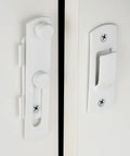 Four Pack Premium White Stainless Steel Barn Door Latches Flip Slide Bolt Hardware Tough As Nails Rust Resistant Gate Catch. Close-up of latch components.