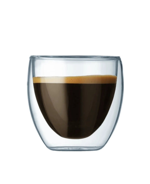 Real Deal Double Walled Espresso Glasses Set Of 2 Insulated Borosilicate Shot Cups Clear Heat Resistant Coffee Cup filled with espresso