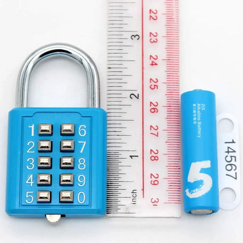 10 Dial Button Combination Padlock With 5 Position Locking Mechanism, kid friendly, ruler for scale, blue case and shackle