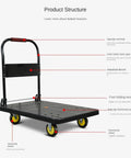 Heavy Duty Folding Platform Hand Truck With Wheels And Textured Plastic Deck, Metal Handle For Easy Hauling, Rugged Cart For Moving Heavy Loads At Jobsite, Garage Or Warehouse, Smooth Glide And Durable Construction. Folding platform hand truck with wheels and textured deck.