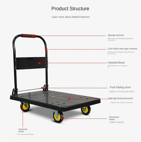 Heavy Duty Folding Platform Hand Truck With Wheels And Textured Plastic Deck, Metal Handle For Easy Hauling, Rugged Cart For Moving Heavy Loads At Jobsite, Garage Or Warehouse, Smooth Glide And Durable Construction. Folding platform hand truck with wheels and textured deck.
