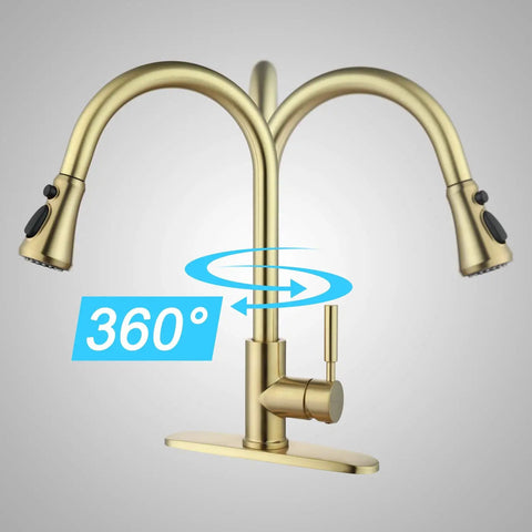 Gold Kitchen Faucet With Pull Out Sprayer, 360-degree swivel, single handle, brushed gold stainless steel for RV utility and laundry sinks