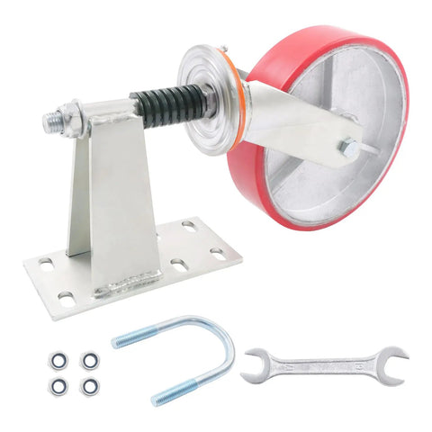 Kickass 8 Inch Heavy Duty Gate Caster Wheel Providing A Sweet 800 Pound Load Capacity For Ultra Smooth Door Rolling And Anti Sag Stability Made For Zero Fuss Installation close-up with mounting hardware.
