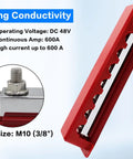 Heavy Duty 600A Power Distribution Block Built Like A Tank With Eight M10 Terminal Studs For Marine Automotive RV Truck And Car Battery Wiring And Repairs Setup, red, clear view of terminals.