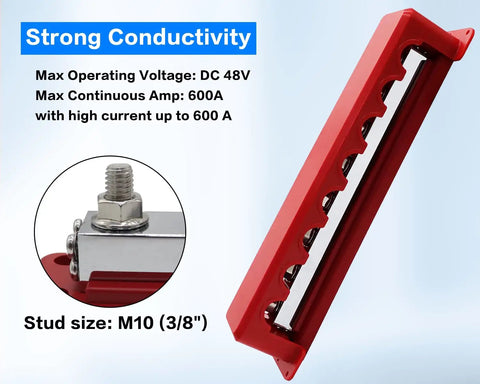 Heavy Duty 600A Power Distribution Block Built Like A Tank With Eight M10 Terminal Studs For Marine Automotive RV Truck And Car Battery Wiring And Repairs Setup, red, clear view of terminals.