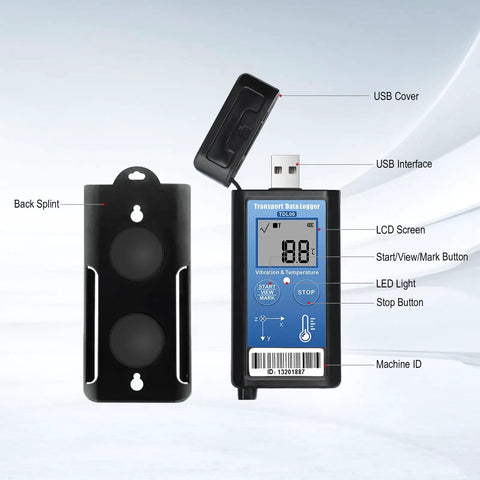 Vibration Data Logger And USB Shock Monitor For Shipping And Transport With 3 Axis Acceleration Sensor Records Shock Events With Time And Temperature Auto Generated PDF And CSV Reports No Software Needed 34560 Data Points Capacity, front view