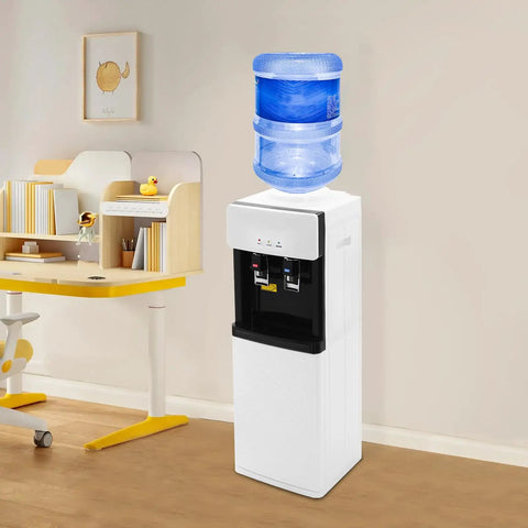 Hot And Cold Water Dispenser With Five Gallon Top Loading Electric Heater And Cooler No Fuss Child Lock in an office setting