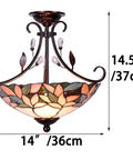 Pink Wisteria Tiffany Style Stained Glass Semi Flush Mount Ceiling Light With Close To Ceiling Design, 14 Wide x 14.5 High