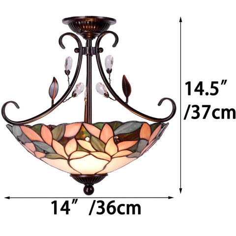 Pink Wisteria Tiffany Style Stained Glass Semi Flush Mount Ceiling Light With Close To Ceiling Design, 14 Wide x 14.5 High