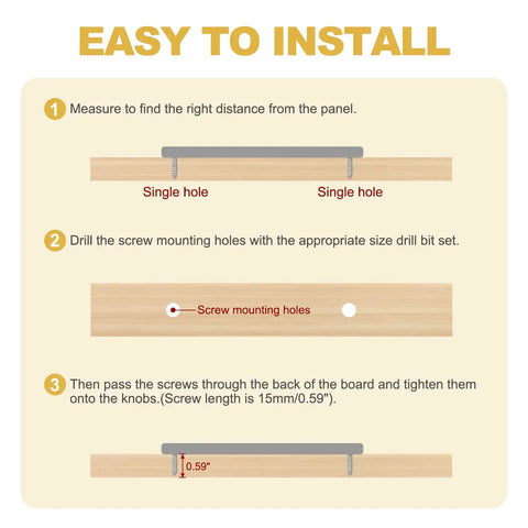 Installation guide for Slick Low Profile Flush Ring Pulls Solid Zinc Alloy Drawer Handles with dimensions and screw information.