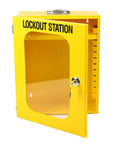 Tough As Nails Heavy Duty Lockout Tagout Station Wall Mounted Loto Cabinet With Shatterproof Clear Door open, yellow cabinet with lock key.