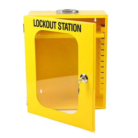 Tough As Nails Heavy Duty Lockout Tagout Station Wall Mounted Loto Cabinet With Shatterproof Clear Door open, yellow cabinet with lock key.