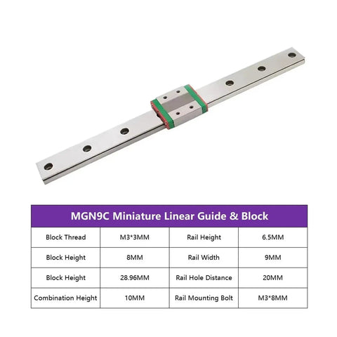 Rail and MGN9 Block Miniature Linear Motion Set for 3D Printer and CNC Projects, 750mm Rail with MGN9C Block with specifications