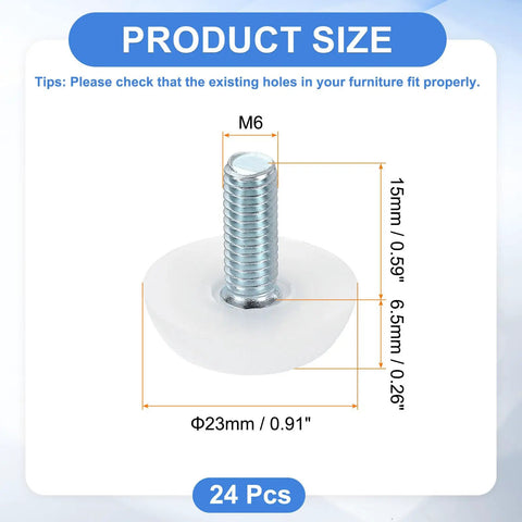 Product size diagram of No More Wobbling With These Premium 24 Pack M6 Screw On Table Feet Adjustable Leveling Glides.