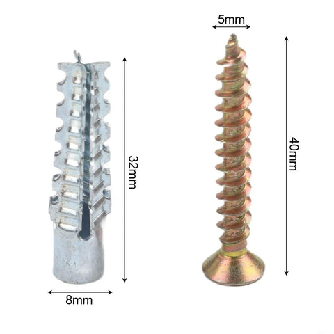 Heavy Duty Self Tapping Screws And Expansion Anchor Kit with serrated carbon steel, 32mm and 40mm sizes visible, for drywall and concrete.