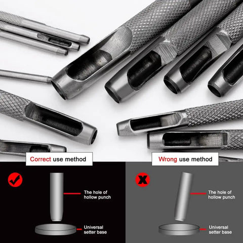 19mm Round Hollow Leather Punch Tool For Crafting Durable Carbon Steel Hollow Punch Cutter With Knurled Handle shown with correct and incorrect usage illustrated