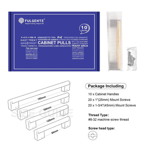 Gold And Black Cabinet Handles Pack Of 10 outlined on package with installation screws and mounting details.