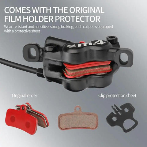 4 Piston Mountain Bike Hydraulic Disc Brake Set caliper with film holder protector, clip protection sheet included.