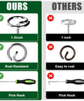 Comparison of 1.5-inch rust-resistant landscape staples with 1-inch rust-prone alternatives, including pick hook tool view.