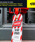 Lockout Tagout Tags Pack Of 30 Laminated And Weatherproof Red Do Not Operate Signs for Out Of Order Equipment installed on panel
