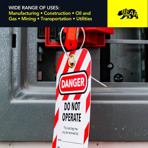 Lockout Tagout Tags Pack Of 30 Laminated And Weatherproof Red Do Not Operate Signs for Out Of Order Equipment installed on panel