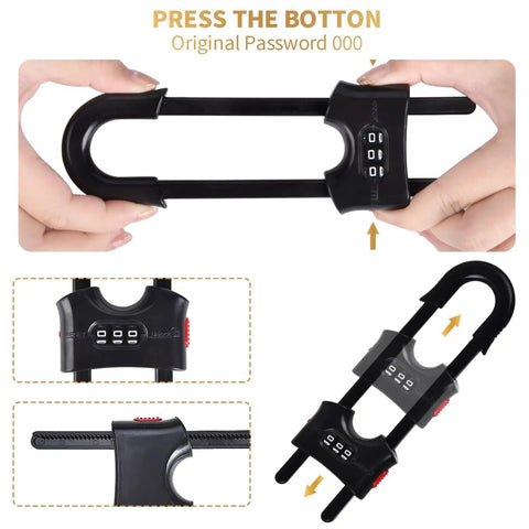 Four Pack Heavy Duty U Shape Cabinet Locks With Adjustable Password Latches showing black design and reset button for easy use.