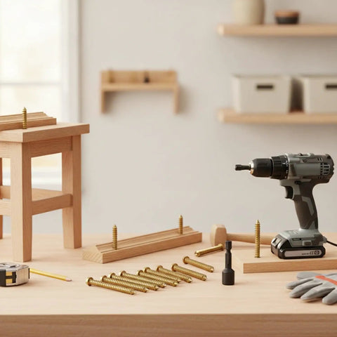 21-Piece Hanger Bolt Kit With Driver Tool on a workbench with zinc plated steel screws for furniture leg assembly.