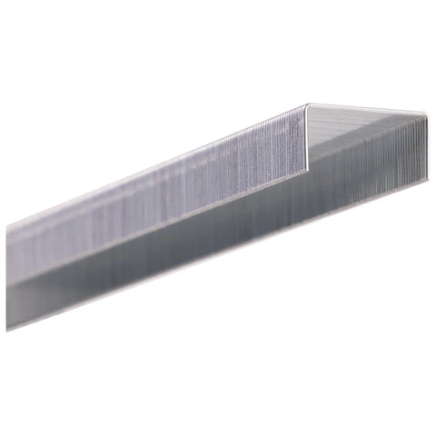 Close-up of Premium One Quarter Inch Staples, 210 Per Strip, Five Pack, 5000 Per Box, Heavy Duty Steel Wire with sharp chisel point visible.