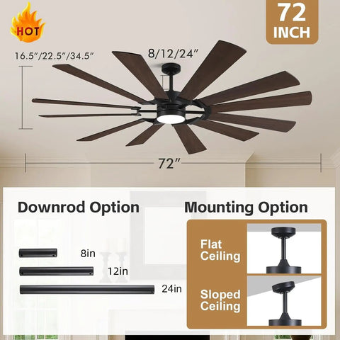 72 Inch Farmhouse Ceiling Fan With Light, Industrial Dual Finish Black And Walnut Blades, 3 Downrods, 6 Speed Reversible DC Motor