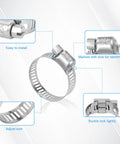 40 Piece Stainless Steel Hose Clamp Set With Adjustable Worm Gear Clamps For Fuel Lines Plumbing And Garden From One Quarter To One And One Half Inch Featuring Size Ranges 6 12mm 10 16mm 13 19mm 16 25mm 21 38mm shown with detail views of easy installation, size marking, and buckle lock.