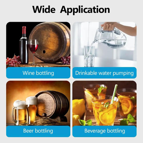 Image showing applications for Ultra Handy Food Grade USB Electric Auto Siphon, including wine, beer, water, and beverage bottling.