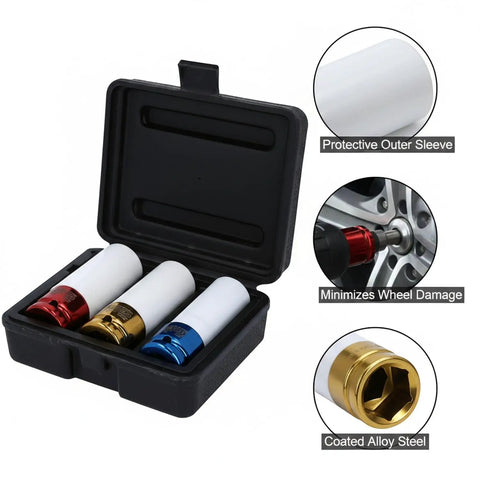 Premium Tire Protection Impact Socket Set With Coated Alloy Steel Lug Nut Rims For Wheel Maintenance, 5-Piece Kit Includes Storage Case To Keep Your Rides Clean And Safe From Scratches While Hitting The Road. 5-piece set in case, coated alloy steel with protective outer sleeve